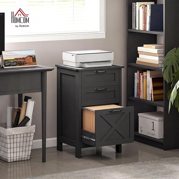 HOMCOM 3 Drawer File Cabinet with Silent Slides, Vertical Filing Cabinet for Hanging A4/Letter Size, Rustic Farmhouse Printer Stand with Storage for Home Office, Distressed Black