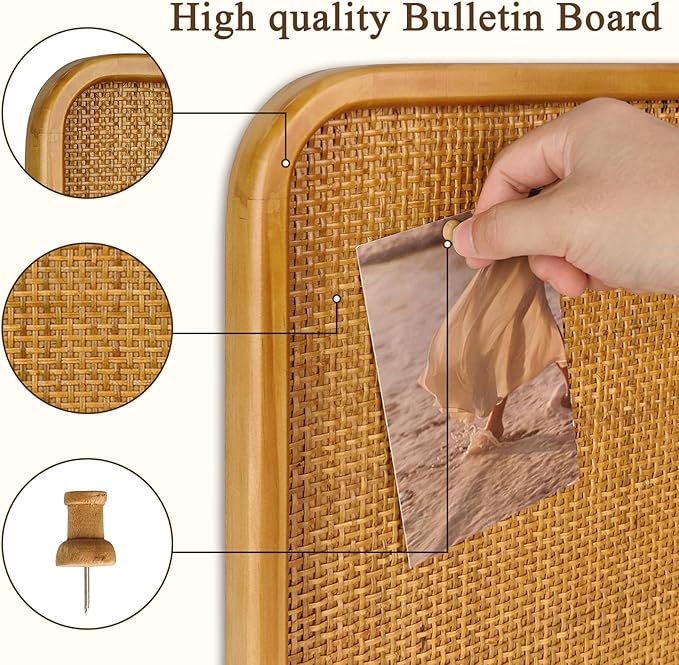 13" x 17" Bulletin Board, Round-Edged Rectangle Cork Board，Wooden Frame with Boho Style Rattan Wall Organizer,3343Teng