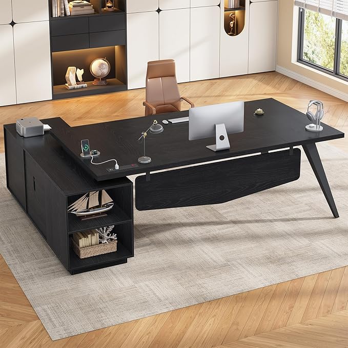 70.3 inch L Shaped Executive Desk with Power Outlets, Large Home Office Desk with Storage Drawers and File Cabinet, Modern Computer Desk with Shelves, Black Business Furniture, Square Tapered Legs