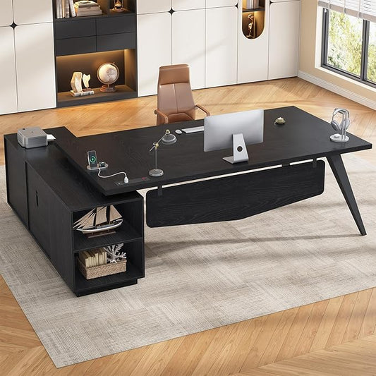 70.3 inch L Shaped Executive Desk with Power Outlets, Large Home Office Desk with Storage Drawers and File Cabinet, Modern Computer Desk with Shelves, Black Business Furniture, Square Tapered Legs