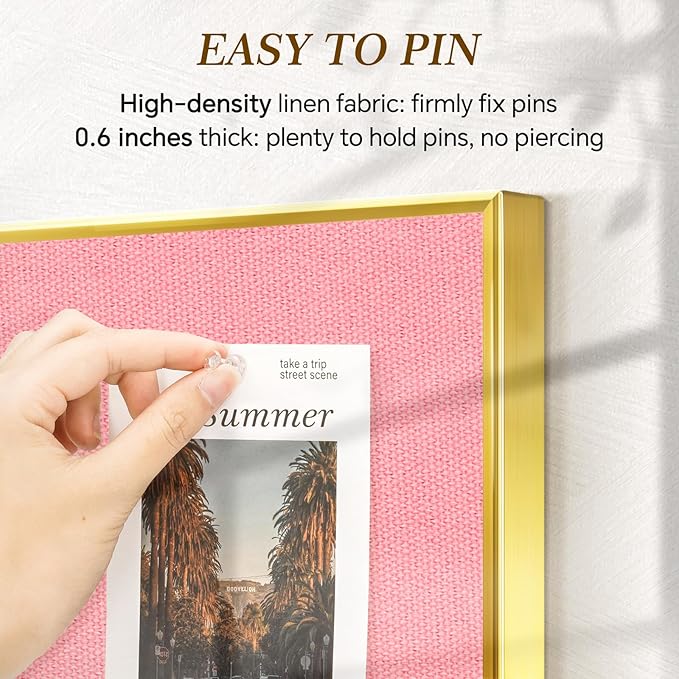 Linen Bulletin Board 24 x18 Inches, Cork Board for Wall with Gold Aluminum Frame, Fabric Pin Board Tack Board for Home Office Room Decor, 10 Push Pins, Pink Linen