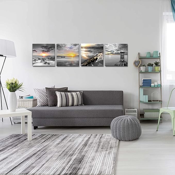 Bamdeya Black and White Gold Beach Wall Art Sea Sunrise Scenery Picture Canvas Print Framed Seascape Painting for Living Room Bathroom Wall Decor Home Decoration