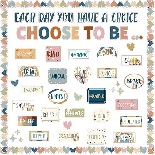 Boho Motivational Bulletin Board Set Inspirational Decoration for Classroom Motivational Posters Choose to Be Positive Accent Cutouts Boho Rainbow Bulletin Boards for Teachers School Wall Supplies