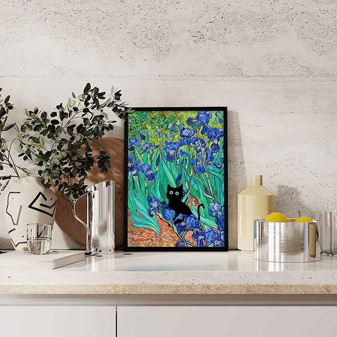 Fantasy Artists Van Gogh Irises Cat Wall Art, Framed Vintage Garden Canvas Wall Decor, Funny Black Cat Poster Prints, Paintings,Bathroom,bedroom,Living Room Artwork Decorations 16" Wide X 24" Height