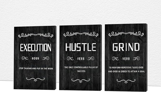 Office Wall Art - 3 Panel Motivational Wall Art, Inspirational Quotes Canvas Art for Home Office Wall Decor, Positive Quotes Wall Decor, Entrepreneur Grind Hustle Execution Poster Frame (12”x24”x3Pcs)