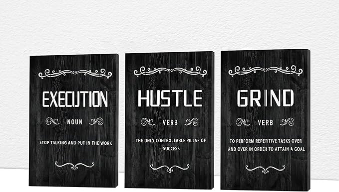 Office Wall Art - 3 Panel Motivational Wall Art, Inspirational Quotes Canvas Art for Home Office Wall Decor, Positive Quotes Wall Decor, Entrepreneur Grind Hustle Execution Poster Frame (12”x18”x3Pcs)