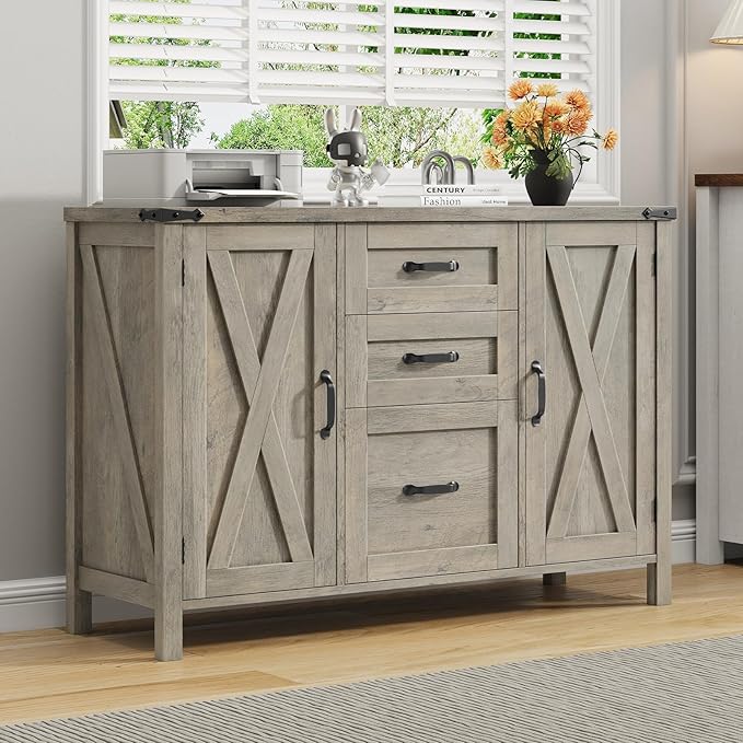 3 Drawer File Cabinet, Farmhouse Lateral Filing Cabinet with Doors Fits Files Letter or A4 Size, Wooden Printer Stand with Open Storage Adjustable Shelf for Home Office, Rustic Grey