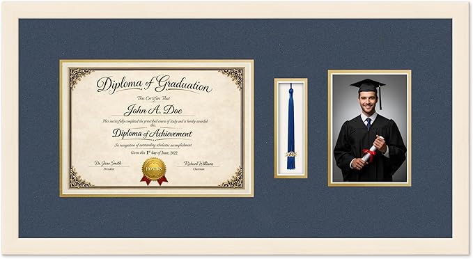 Diploma Tassel and Photo Frame Coastal Whitewash Shadowbox Navy Blue Over Gold Mat - Fits 11.69 x 8.27 Degree Picture Made in the USA
