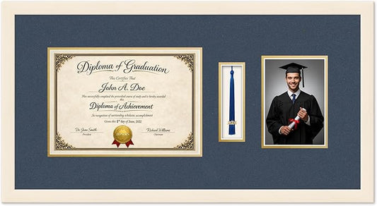 Diploma Tassel and Photo Frame Coastal Whitewash Shadowbox Navy Blue Over Gold Mat - Fits 11.69 x 8.27 Degree Picture Made in the USA