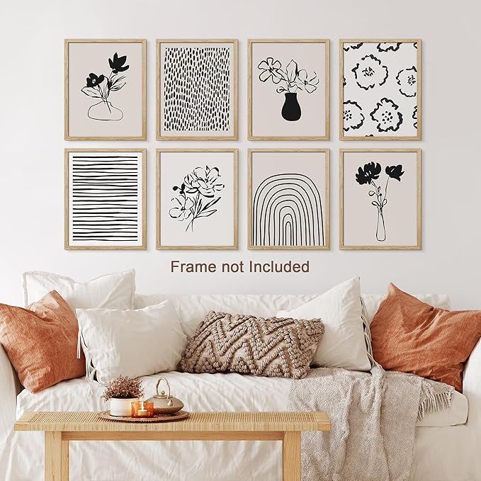 SIGNWIN Adhesive Canvas Poster Bathroom Decor 11"x14"x 8, Wall Art Room Decor Multicolor for Living Room, Bedroom, Office Duotone Black & White Floral Botanical Flower Nature Abstract Shapes