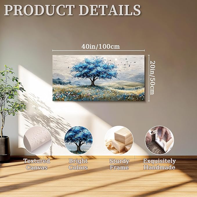SERIMINO Tree of Life Landscape Wall Art, Blue Tree Aesthetic Large Artwork, Nature Botanical Decor Canvas Prints, Rustic Scenery Modern Pictures Wall Decor Living Room Bedroom Home Office 20"X40"
