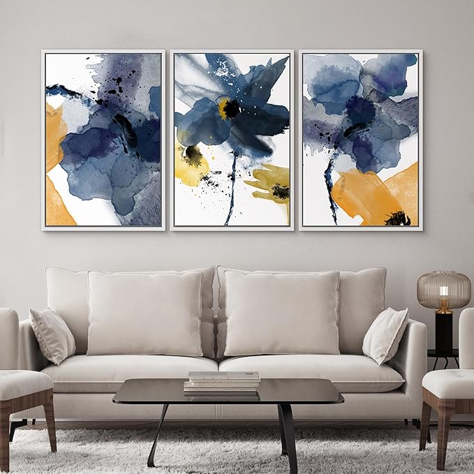 SIGNWIN Framed Canvas Wall Art Blue and Orange Blossoms Botanical Flower Watercolor Modern Art Tropical Relax/Calm for Living Room, Bedroom, Office - 16"x24"x3 White