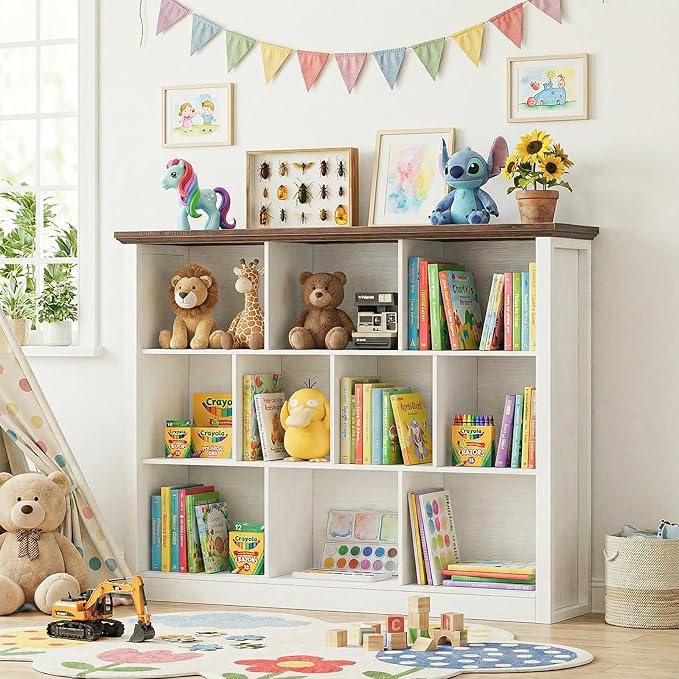 Unikito 10 Cube Storage Book Shelf - 50" Wide Wood Cube Storage Organizer, Wooden 3 Tiers Floor Standing Low Bookcase for Living Room, Bedroom, Home Office, Kids Room