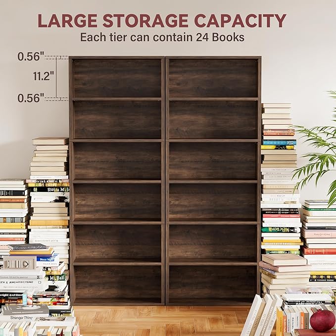 YESHOMY Industrial 6 Tier Bookcase, 71" Tall Brown Bookshelves Open Frame, Basic Floor Standing Bookcases & Bookshelf for Home Office, Living Room, Bed Room