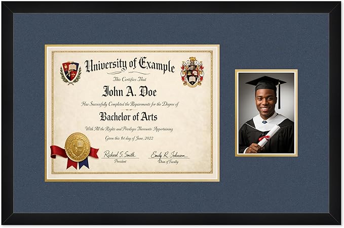 CountryArtHouse Fits 14 x 11 College Diploma (Modern) and 5 x 7 Photo Diploma and Photo Frame Matte Black Genuine Hardwood with Navy Blue Over Metallic Gold Double mat