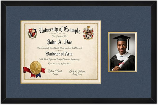 CountryArtHouse Fits 14 x 11 College Diploma (Modern) and 5 x 7 Photo Diploma and Photo Frame Matte Black Genuine Hardwood with Navy Blue Over Metallic Gold Double mat