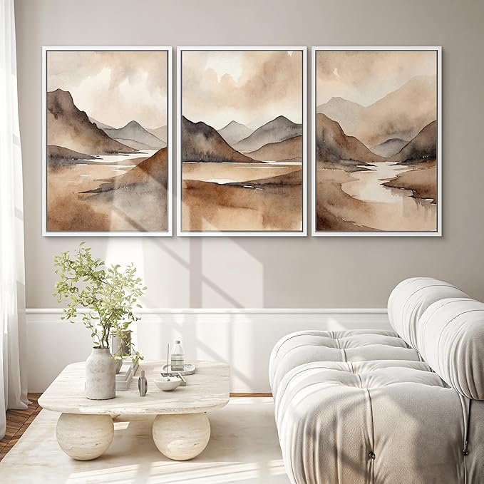 SIGNWIN Framed Canvas Print Wall Art Set Landscape Serene Mountain and River Scene in Warm Earth Tones Illustrations Modern Art Decorative Abstract for Living Room, Bedroom, Office - 16"x24"x3 White