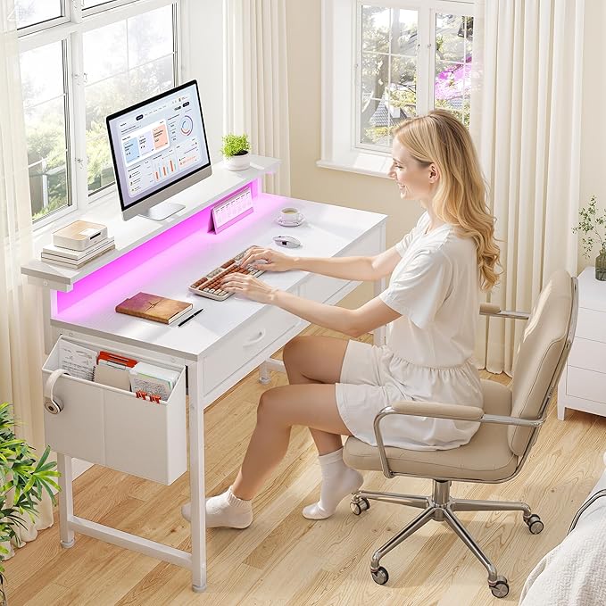 Computer Desk with 2 Drawers & LED Lights,39.4 Inch Home Office Desks with Side Pocket and Monitor Stand,Study Writing Table for Small Spaces,White