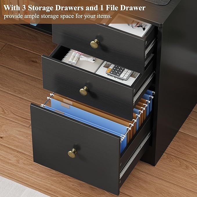 TTVIEW Computer Desk with Drawers and Hutch Shelf, Wood Executive Desk Writing Study Table with 43” Wide Tabletop, Small Desk with File Drawer for Home Office Bedroom, Black