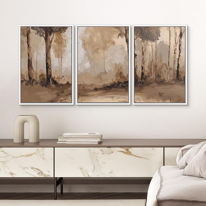 SIGNWIN Framed Canvas Print Wall Art Set Warm Neutral Woodland Trees Abstract Illustrations Modern Art Decorative Nordic Abstract for Living Room, Bedroom, Office - 24"x36"x3 White