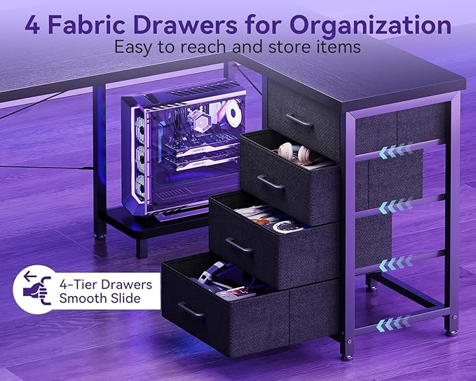 AODK L Shaped Gaming Desk with 4 Drawers, 53" Reversible Home Office Desks with Power Outlets, L Shaped Computer Desk with USB Charging Port and Host Stand, Corner Desk, Easy to Assemble, Black