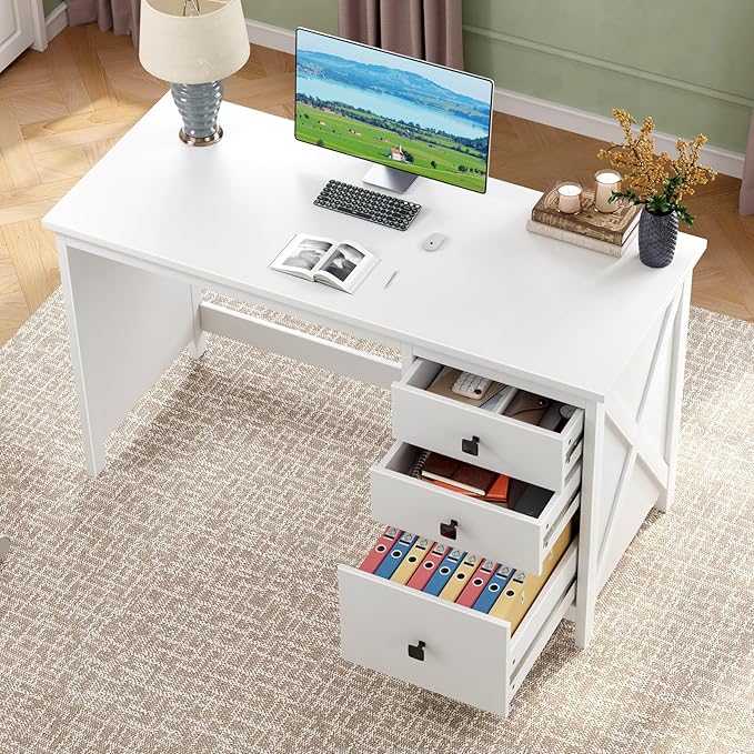 JSB 47.2'' White Computer Desk for Home Office,Farmhouse Executive Desk with 3 File Drawers,Study Writing Table Storage Cabinet,Makeup Vanity Desk for Bedroom (White, 47.2in)