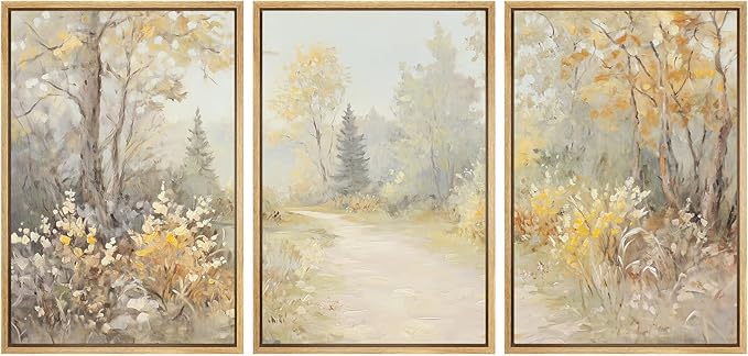 SIGNWIN Framed Canvas Print Wall Art Set Golden Woodland Path Impressionist Nature Scene Illustrations Modern Art Decorative for Living Room, Bedroom, Office - 24"x36"x3 Natural