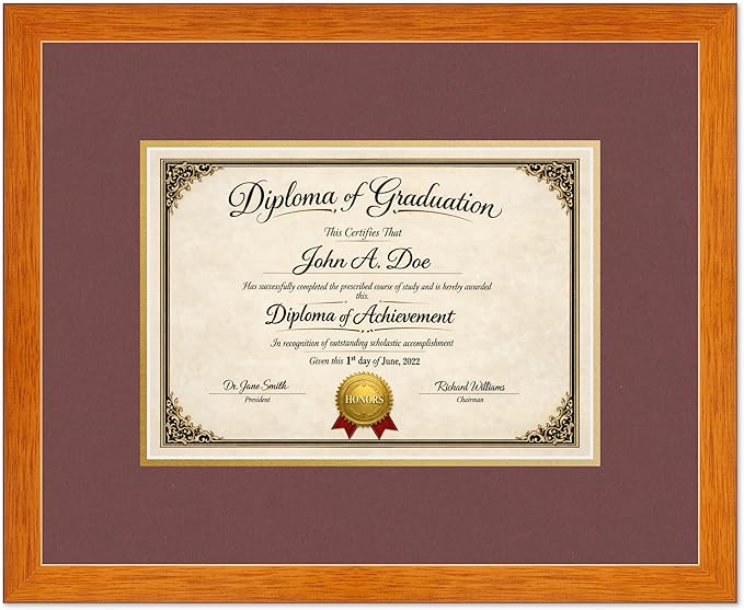 Diploma Frame Honey Oak with Dark Red Over Gold Double Mat - Fits 11.69 x 8.27 A4 Certificate Wall Display Made in the USA