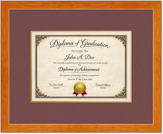 Diploma Frame Honey Oak with Dark Red Over Gold Double Mat - Fits 11.69 x 8.27 A4 Certificate Wall Display Made in the USA