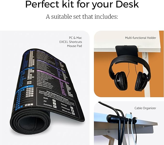 Excel Cheat Sheet Desk Pad Set 3in1, Desk Pad Includes a Cable Organizer and a Headphone Stand, Desk Mat is Dark Colored, it is Non-Slip Mousepad, +200 Commands for Mac and Windows