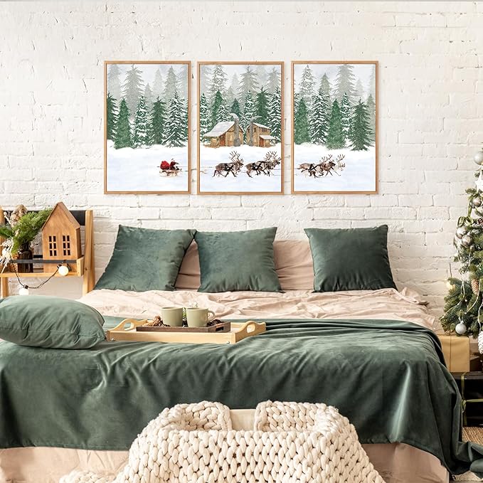 CHDITB Santa Claus Reindeer Sleigh Framed Canvas Wall Art(16"x24"), 3 Panels Christmas Winter Holiday Artwork Prints, Large Rustic Xmas Gift Snow Scene Forest Landscape Decor for Home Office Bedroom
