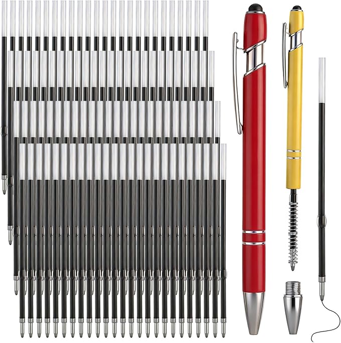 Zonon 100 Pcs 3.85 Inch Retractable Ballpoint Pen Refills Bulk for Metal Pens with Stylus Tip, 1 mm Medium Point Tip, 2 in 1 Touch Screen Stylus Pen Refills for Click Pens with Spring(Black Ink)