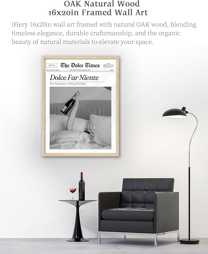 iHery Dolce Far Niente Framed Trendy NewsPaper Wall Art, Natural OAK Wood Large 16x20in Canvas Wall Art Bedroom,The Sweetness of Doing Nothing,La Dolce Vita Home Decor For Living Room Dorm 1Pack