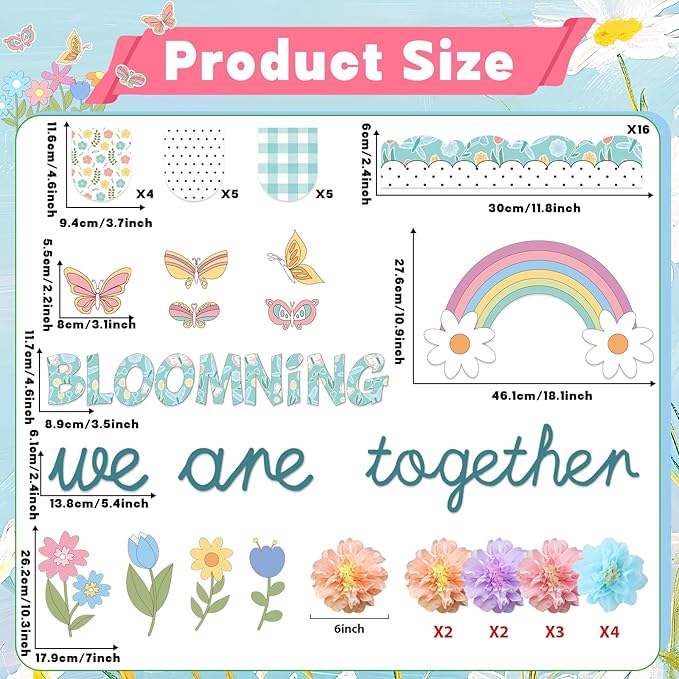 Summer Spring Bulletin Board Decorations Flower Bulletin Board Set with 3D Tissue Paper Pompoms Butterfly Cutouts We are Blooming Together Floral Decor for School Classroom Home Chalkboard Wall