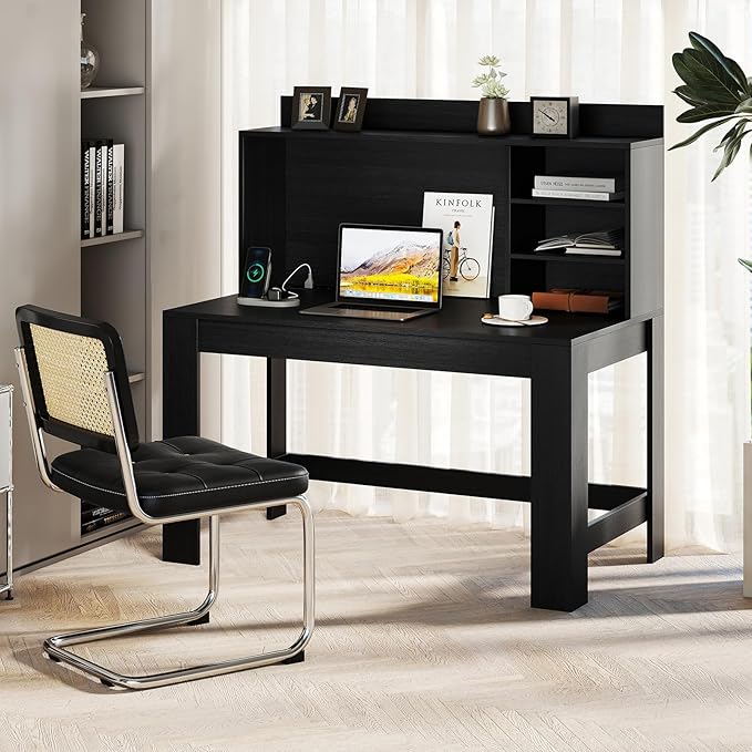 Giantex Computer Desk with Hutch, Modern Home Office Desk with Power Outlets, Storage Shelves & Cable Hole, Makeup Vanity Table, Study Writing Desk for Bedroom Office Small Space (Black)