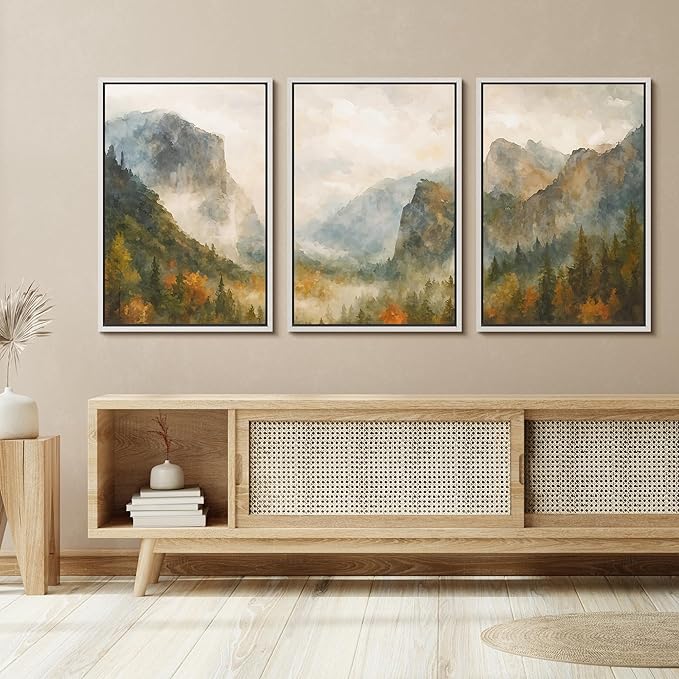 SIGNFORD Framed Wall Art Print Set Misty Mountain Valley Watercolor Serene Nature Landscape Digital Art Modern Art Contemporary for Living Room, Bedroom, Office - 24"x36"x3 White