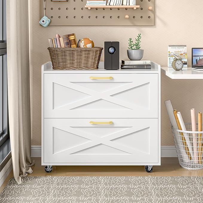 2 Drawer Lateral File Cabinet, Mobile Filing Cabinet with Charging Station for Letter/Legal/A4 Size Hanging Files, Modern Farmhouse File Storage Cabinet with Wheels for Home Office, Simple White