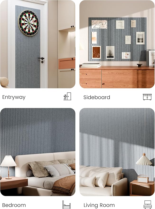 Bumusty Large Cork Board Alternative-48 x 36" Felt Bulletin Board Tiles, with 30 Pushpins, 70 Adhesive Tabs, 12-Pack Slat Wall Paneling, Cork Boards for Office Push Pin Board Felt Board-Blue Gray