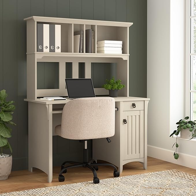 Bush Home Salinas Small Computer Desk with Hutch in Antique White