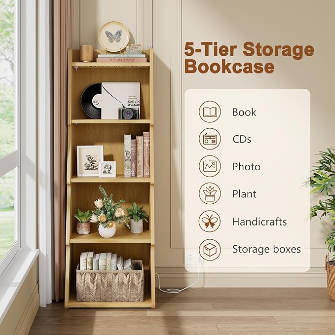 Hoctieon 5-Tier Open Bookcase and Bookshelf with LED Light, Floor Standing Display Storage Shelves, Wood Modern Display Organizer for Home Office, Living Room, Bedroom, Study, Yellow Oak