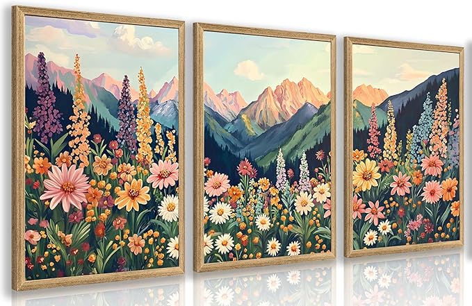 Hianan Mount Daisy Wildflower Landscape Wall Art, Colorful Floral Wall Decor, Boho Sunset Landscape Canvas Painting, Bright Botanical Poster Prints for Living Room Bedroom Wood Framed 16"x24"x3