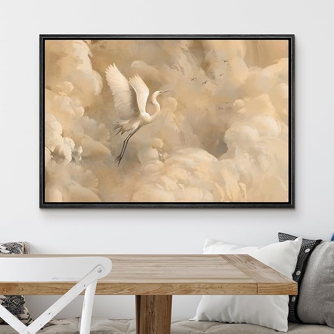 MUDECOR Framed Canvas Print Wall Art Graceful Crane in the Clouds Soft Dreamy Landscape Illustrations Minimalism Decorative Relax Colorful for Living Room, Bedroom, Office - 16"x24" BLACK