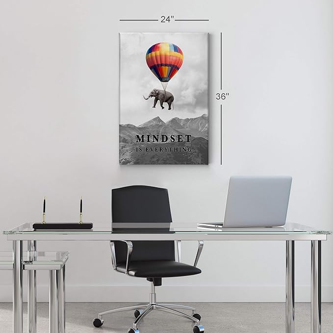 Smile Art Design Mindset is Everything Colorful Elephant Black and White View Motivational Wall Art Canvas Print Inspirational Entrepreneur Quote Office Living Room Decor Gift Ready to Hang 36x24