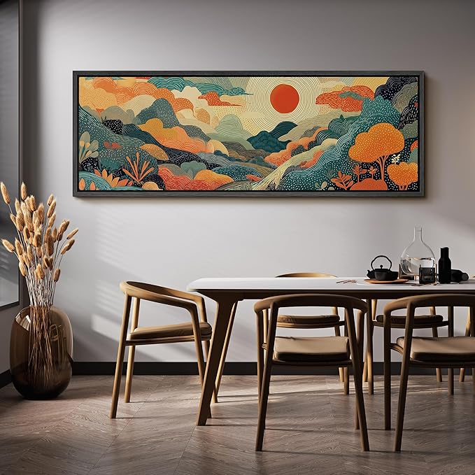 SIGNFORD Large Framed Canvas Whimsical Sunlit Hills Illustrations Modern Art Calm Warm for Living Room, Bedroom, Office - 60"x20"