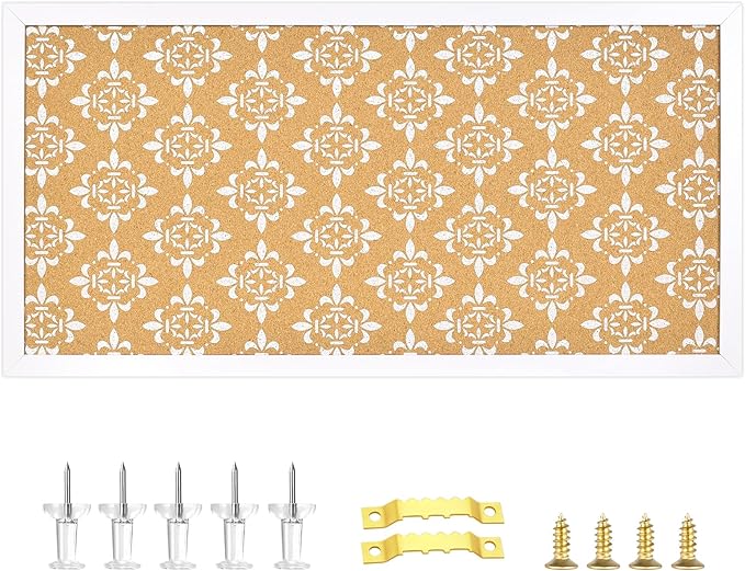 Decorative Cork Board for Walls, Bulletin Board with White Floral Print, White Framed Pin Board Vision Board for Office School Bedroom and Dorm Room with Pins, Screws(3060,1pc)