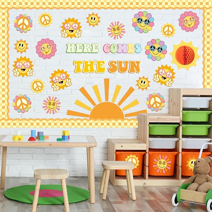 Xqumoi Retro Here Comes The Sun Bulletin Board Decorations - 84Pcs Groovy Hippie Boho Cutouts Name Tags Checkerboard Boarder Trim Back to School Classroom Preschool Kindergarten Chalkboard Wall Decor