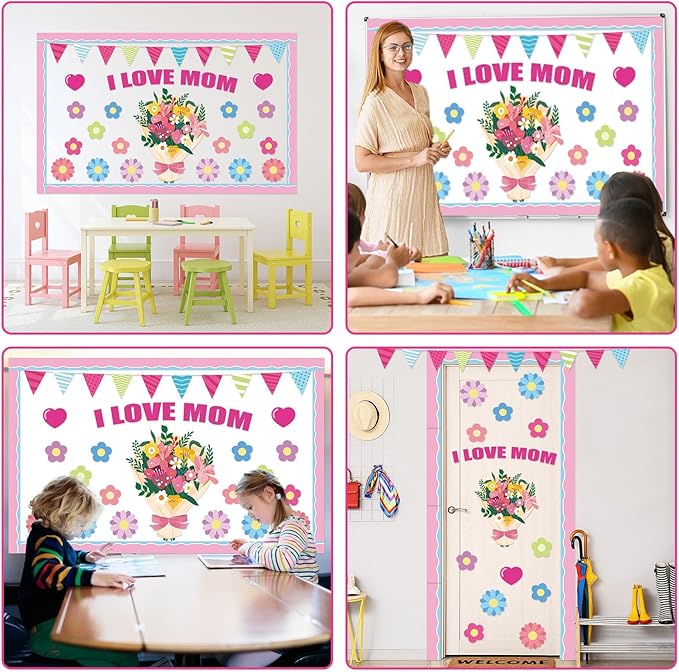 Mother's Day Bulletin Board Set I Love Mom Classroom Bulletin Board Decorations Mothers Day Flower Heart Cutouts Classroom Decorations for Preschool Nursery Toddler Kids Spring Decor Wall Door