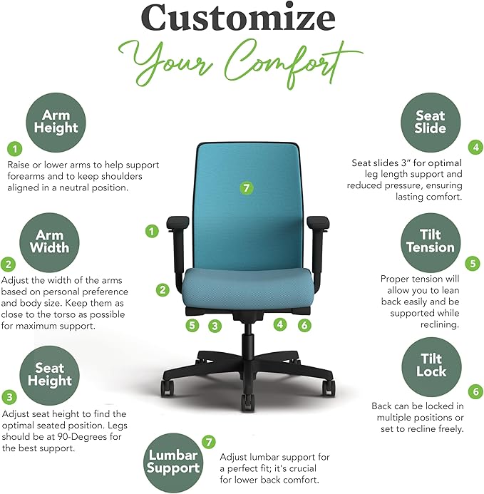 HON Ignition 2.0 Low Back Task Chair, Spectrum Mesh, Advanced Synchro-Tilt Control, Office Chair with Lumbar Support, Height and Width Adjustable Arms, Black Frame, Sky