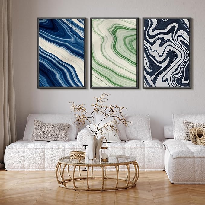 SIGNFORD Framed Wall Art Print Set Blue and Green Marble Swirl Abstract Bold Digital Art Modern Art Contemporary for Living Room, Bedroom, Office - 16"x24"x3 BLACK