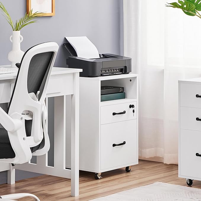 Topeakmart File Cabinet 2-Drawer and 1-Open-Shelf Rolling Filing Storage Printer Stand with Wheels Lock for A4/ Legal/Letter 16″ L×16″ W × 26″ H White
